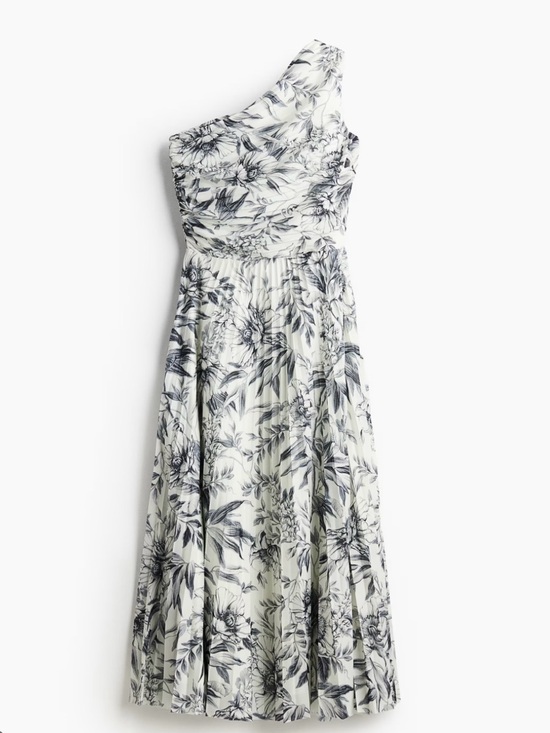 H&M Dresses & Skirts - H&M One-Shoulder Pleated Floral Midi Dress - White/Dark grey/Grey- Size XS